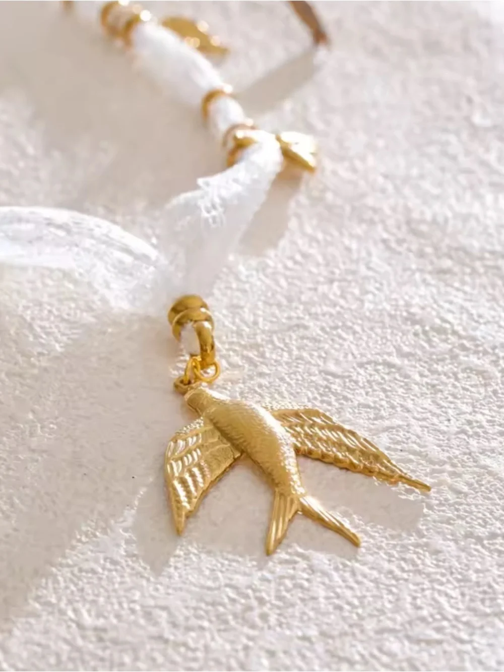 Gold Bird Charm White Lace Necklace